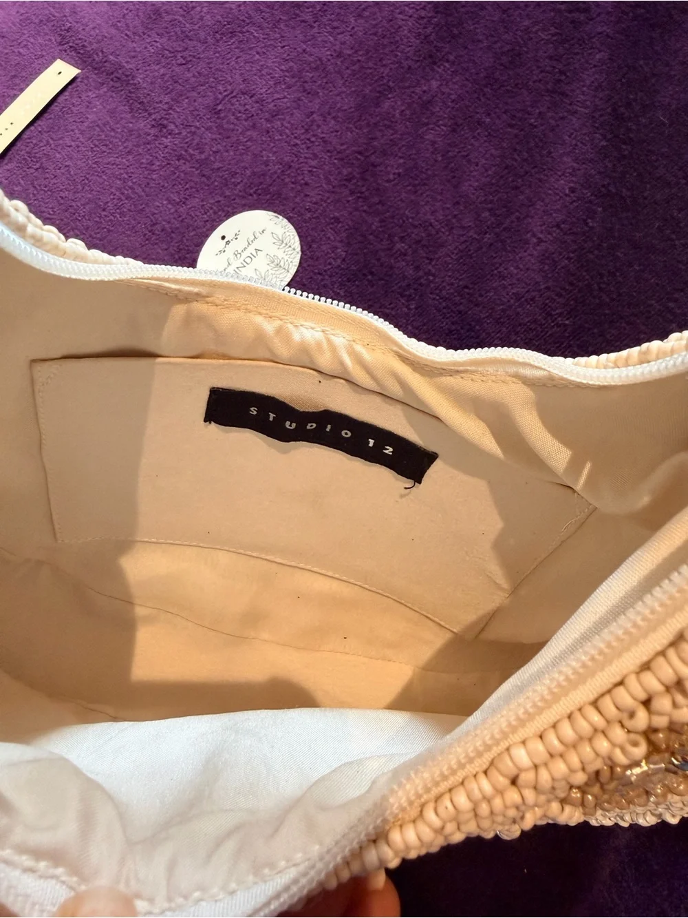 Handmade Beaded Floral Shoulder Bag — Cream